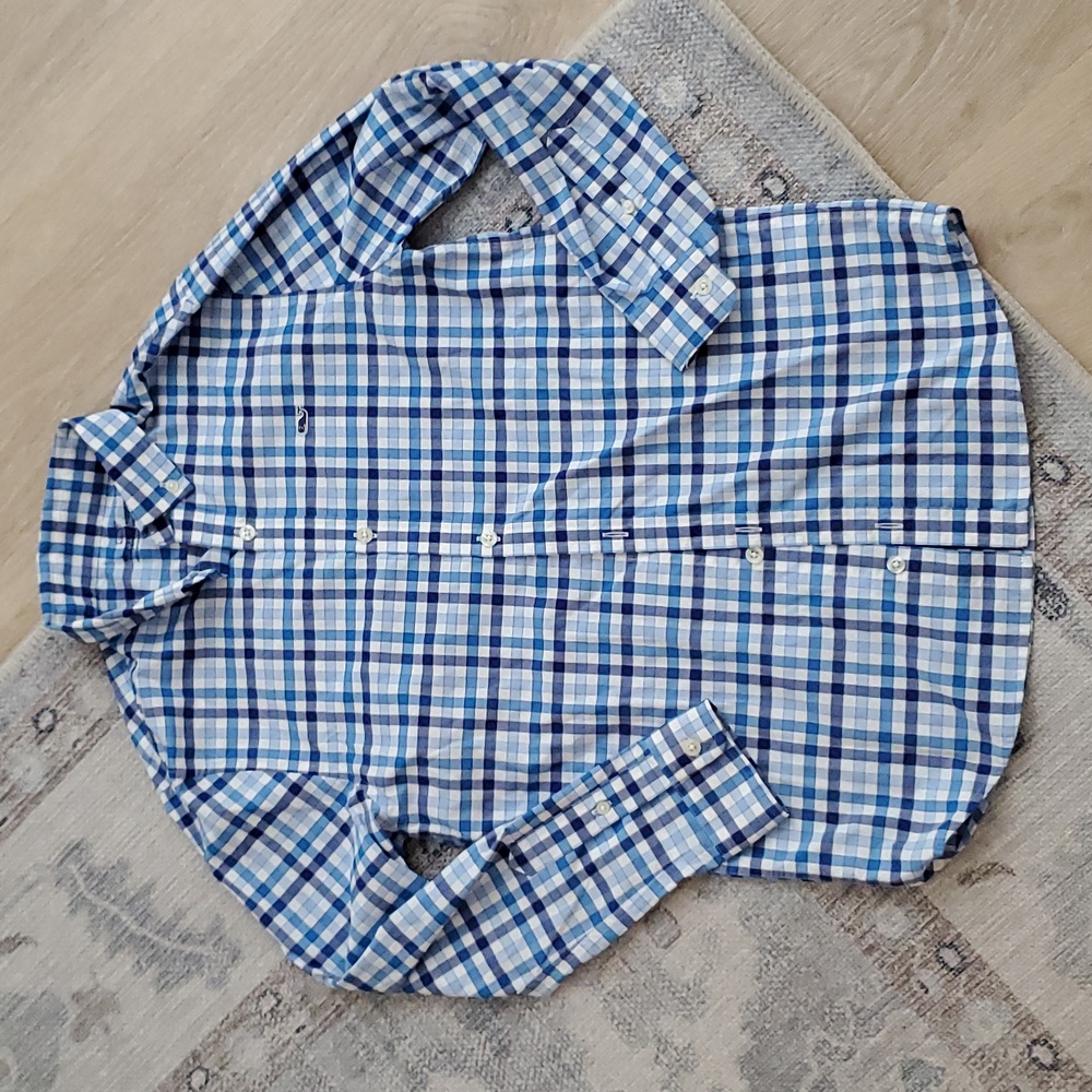 Vineyard Vines Boys Blue Check Performance Button-up Shirt SzM (12-14)